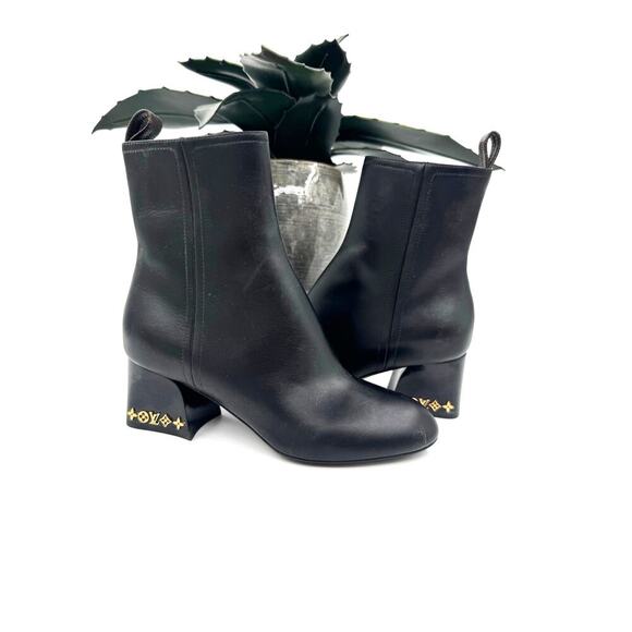 Louis Vuitton Calfskin Bliss Ankle Boots Black Chunky Monogram Block Heel 34 US4 - Picture 2 of 7